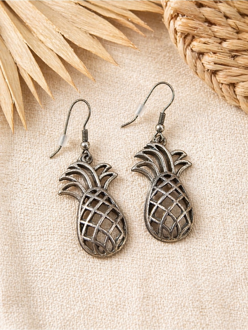 Pineapple Dangle Earrings - Antiqued Silver Tone